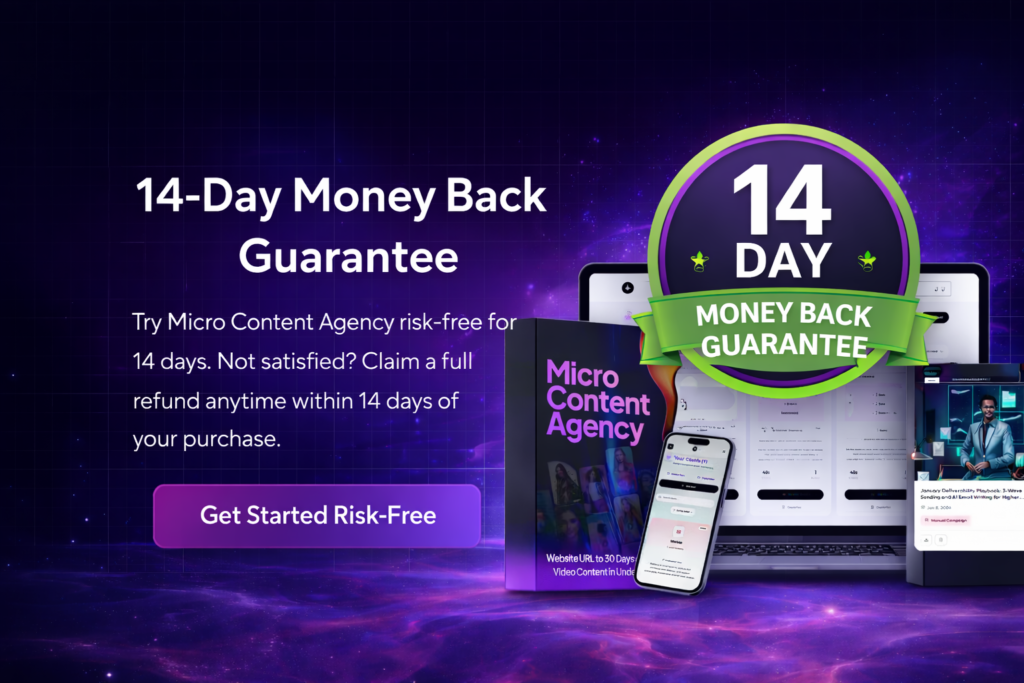Micro Content Agency 14-day money-back guarantee badge with product dashboard and software preview