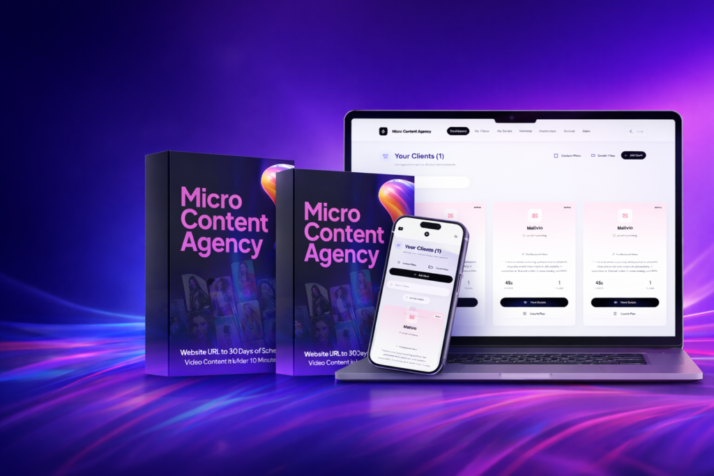 Micro Content Agency AI video content platform dashboard with product box and mobile interface